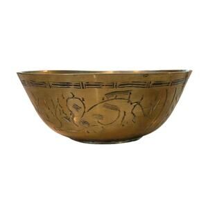 Vintage Engraved Brass Bowl Trinket Dish With Patina Shelf Decor 4.5”‎ Diameter